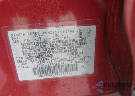 2019 Nissan Kicks Sv из США, поврежденный, VIN 3N1CP5CU5KL551800